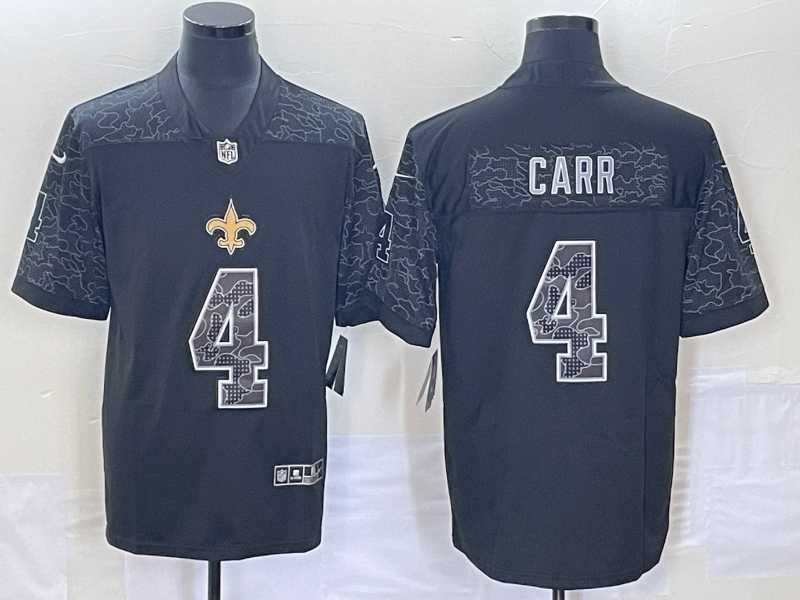 Mens New Orleans Saints #4 Derek Carr Black Reflective Limited Stitched Football Jersey